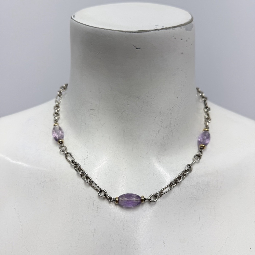 David Yurman Sterling 18K Gold Amethyst Bijoux Figaro Necklace 21 Grams 17" Long - Picture 2 of 10